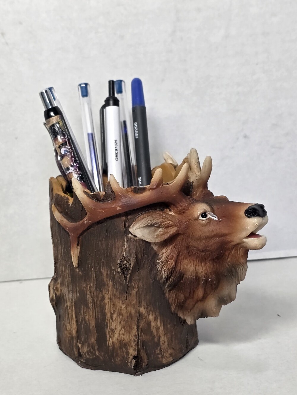 New Desk Top Pencil-Pen Holder Deer Or Moose Log Stump Hunter Cabin Rustic